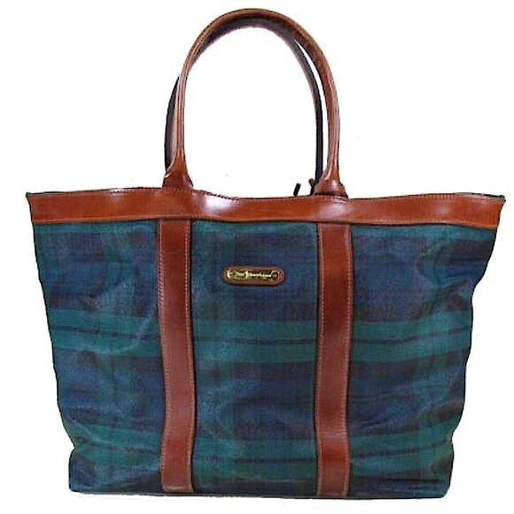 RALPH LAUREN BlackWatch Plaid Coated Canvas Brown Leather Top Zip Oversized Bag - Picture 16 of 16